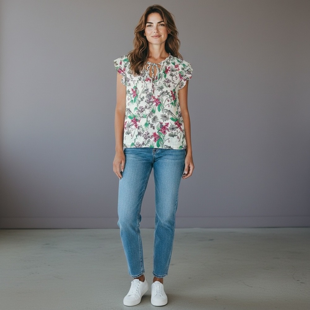 Steve‎ Madden Floral Print Tie Neck Flutter Sleeve Blouse Top Women's XL Boho